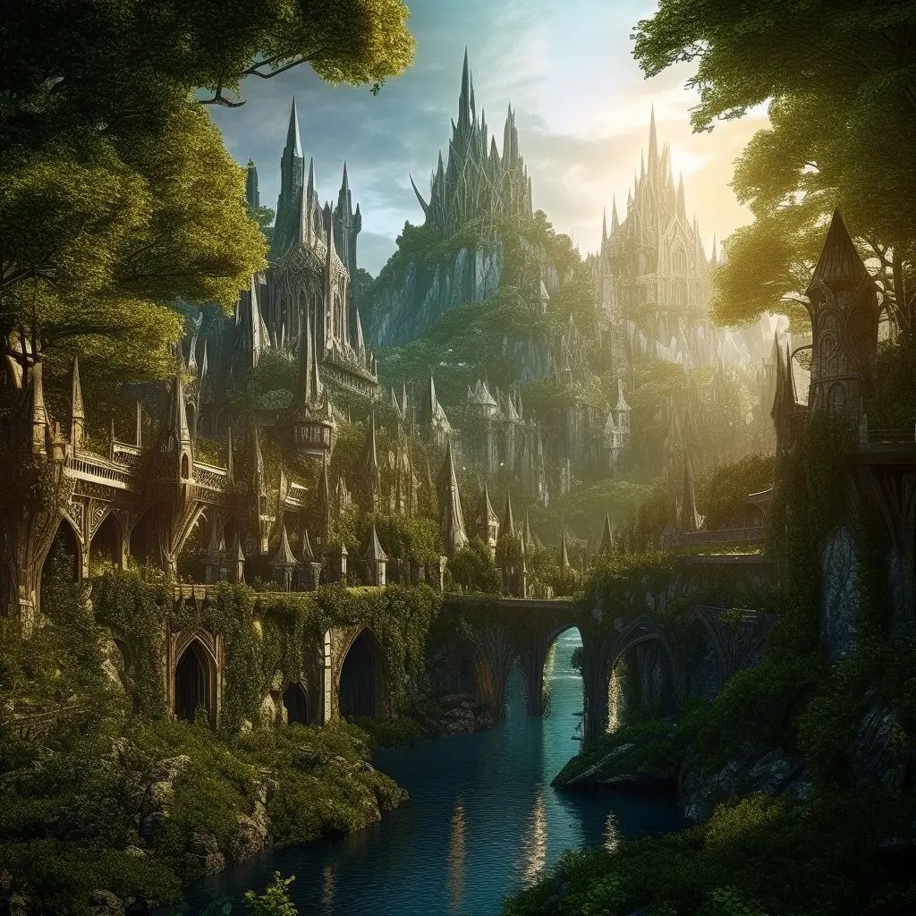 The image depicts a fantasy landscape, with a lush green forest surrounding an ancient castle. The architecture of the castle is grand and intricate, with multiple towers rising from the center of the ruins. The trees are dense, and there's a tranquil river meandering through the scene. The sky is overcast, casting a soft light on the forest and ruins below. This image evokes a sense of mystery and ancient history often found in fantasy genres.